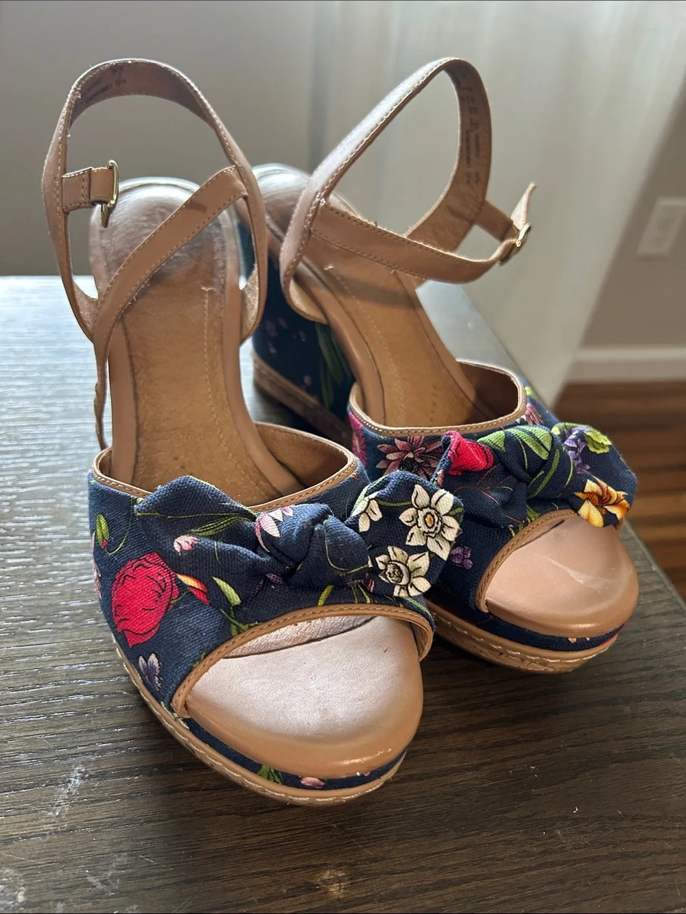 Clarks Navy Floral Bow Wedge Sandals with Tan Straps